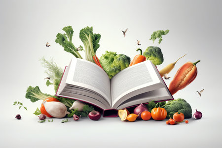 Levitation of open recipe book with fresh vegetables and fruits on white background, Cooking book ingredients, vegetarian diet flying food, AI Generative.の素材