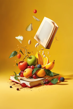Levitation of open recipe book with fresh vegetables and fruits on yellow background, Cooking book ingredients, vegetarian diet flying food, AI Generative.の素材