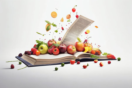 Levitation of open recipe book with fresh vegetables and fruits on white background, Cooking book ingredients, vegetarian diet flying food, AI Generative.の素材