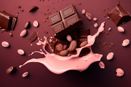 Splashing and levitation pink chocolate pieces and candies on pink background, crushed cocoa powder carob or cocoa beansの素材