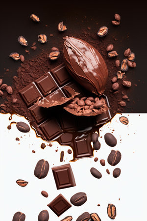 Splashing and levitation chocolate pieces and candies on white background, crushed cocoa powder carob or cocoa beansの素材