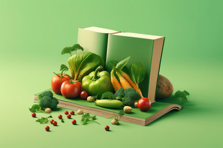 Levitation of open recipe book with fresh vegetables and fruits on green background, Cooking book ingredients, vegetarian diet flying food, AI Generative.の素材