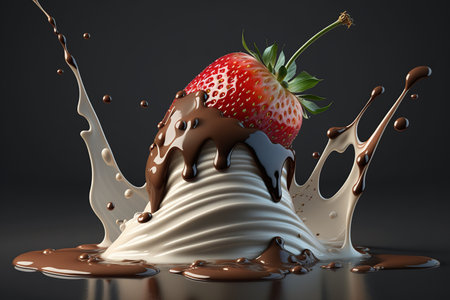 Flying strawberries with splash liquid chocolate and whipped cream on brown background, dessert decoration. AI Generativeの素材