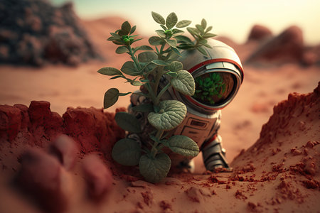 Astronaut found a plant on Mars, futuristic fantasy image, colonization of Mars red planet, new life, grows a plant AI Generativeの素材