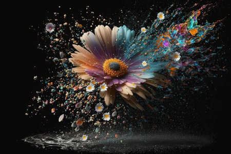 Levitating of spring or summer colorful flower bouquet with  splash on black background, Blooming levitation, Greeting card, Surreal AI Generativeの素材