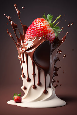 Flying strawberries with splash liquid chocolate and whipped cream on brown background, dessert decoration. AI Generativeの素材