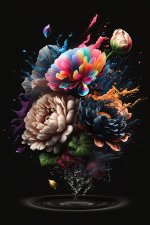 Levitating of spring or summer colorful flower bouquet with  splash on black background, Blooming levitation, Greeting card, Surreal AI Generativeの素材