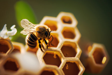 Closeup  of honeycomb with macro bee in the morning sunlight, AI generativeの素材