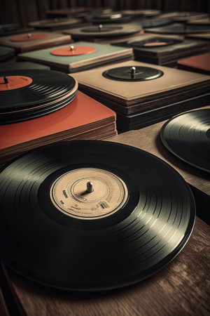 Old vinyl recordes on the wooden table, Retro styled, AI Generative.の素材