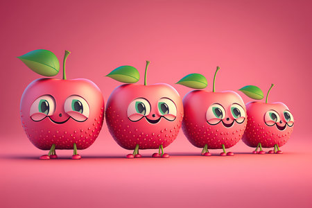 Cartoon smiling, happy, nice  many pink apples in a row on pink background, fruit selection characters AI Generativeの素材