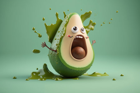 Cartoon scared, crazy  avocado with oil splash on green background, fruit selection characters AI Generativeの素材