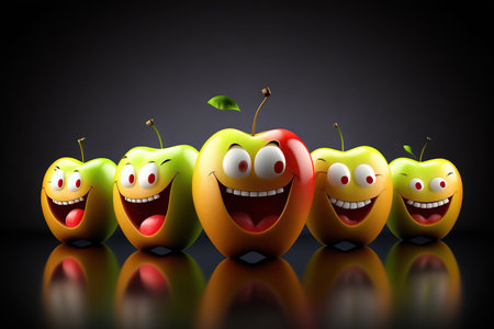 Cartoon smiling, happy many red and yellow apples in a row on black background, fruit selection characters AI Generativeの素材