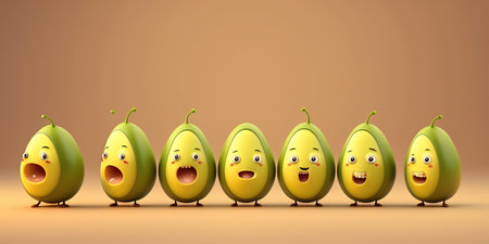 Cartoon crazy  a lot, many avocados in a row on yellow background, fruit selection characters AI Generativeの素材