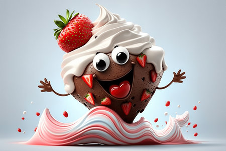 Cartoon smiling whipped cream chocolate dessert with strawberry on blue background, dessert decoration, selection characters AI Generativeの素材