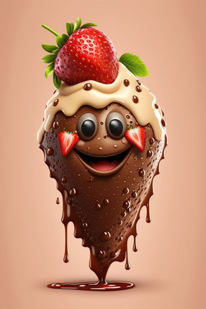 Cartoon smiling strawberry with splash liquid chocolate on biege background, dessert decoration, berry selection characters AI Generativeの素材