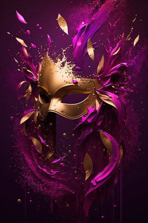 Masquerade golden and magenta carnival mask with sparks splash, levitation on pink background, Mardi Gras celebration concept. AI Generativeの素材