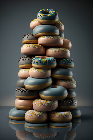 Stacks or tower of tasty sweet different colored donuts on dark background, Various decorated doughnuts . AI Generativeの素材