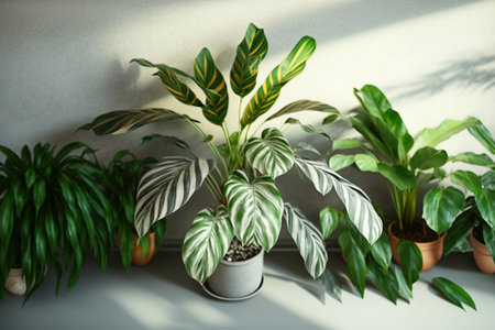 House plants in pot on the floor with sunlight, greenhome, Biophilic design at home, green home. Greenery at home, love of plants, indoor cozy garden AI Generativeの素材