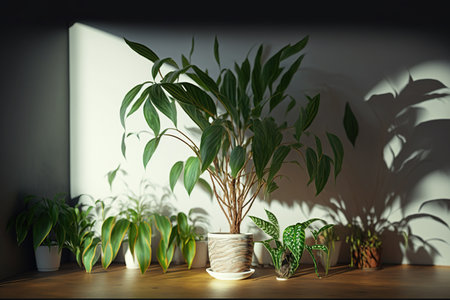 House plants in pot on the floor with sunlight, greenhome, Biophilic design at home, green home. Greenery at home, love of plants, indoor cozy garden AI Generativeの素材