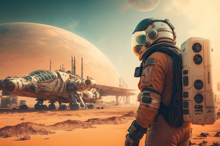 Futuristic fantasy image city building on Mars, flying ships with astronaut, colonization of Mars red planet, new life, Autonomous life on Mars AI Generativeの素材
