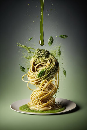 Splash abd levitation of delicious green pasta dish with pesto sauce and fresh herbs, served on a white plate, Italian food pesto pasta spaghetti, delicious healthy vegetarian AI Generativeの素材