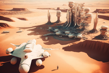 Futuristic fantasy image city building on Mars, flying ships with astronaut, colonization of Mars red planet, new life, Autonomous life on Mars AI Generativeの素材