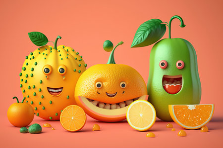 Cartoon happy foods vegetables and fruits selection characters, healthy food, vegan and diet clean eating selection on yellow background AI Generativeの素材