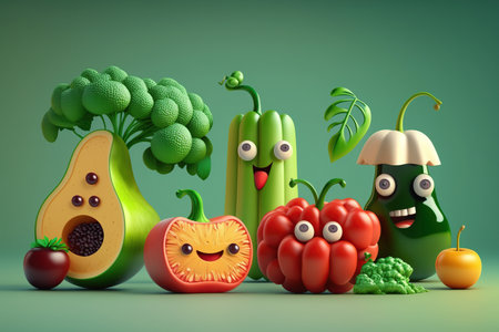 Cartoon happy foods vegetables and fruits selection characters, healthy food, vegan and diet clean eating selection on green background AI Generativeの素材