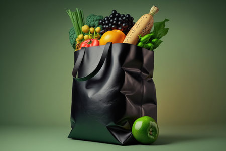 A black grocery bag filled with a colorful assortment of fresh vegetables and fruits on green te background. Grocering concept, healthy food. Diet or vegan food, vegetarian AI Generativeの素材