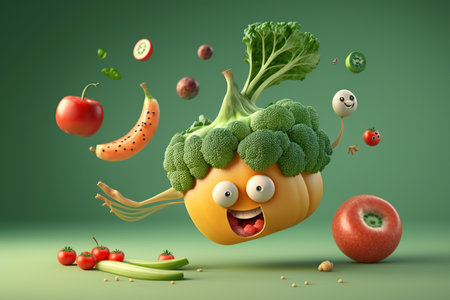 Levitation of cartoon foods screams, mouth open vegetables and fruits selection characters, healthy food, vegan and diet clean eating selection on green background AI Generativeの素材