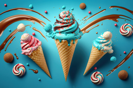 Top view ice cream cone on blue background, sweet ice cream waffle cone with milk and syrup splash, Splashing messy food, Sweet creamy dessert, dairy frozen sweety summer food. AI Generativeの素材