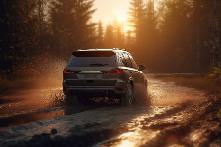 A black SUV car at speed driving into a puddle with mud on a woodland  road on sunset, ai generativeの素材