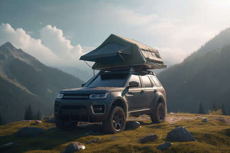 Car camping tent on the rooftop of an SUV in mountains on sunlight, tourism and vacation, AI Generativeの素材