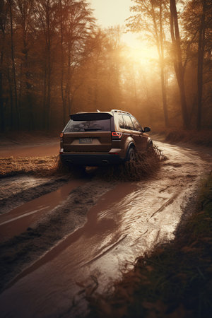A black SUV car at speed driving into a puddle with mud on a woodland  road on sunset, ai generativeの素材