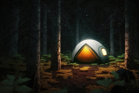 Tent with light  in the night forest,  eco vacation in nature. Rest place in forest, Modern outdoor recreation concept. AI generative.の素材