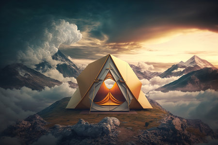 Alone tent pitched on a top a mountain, Camping at the top of the world between the clouds, picturesque landscape, travel concept. AI Generative.の素材