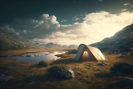 Alone tent pitched on a top a mountain, Camping at the top of the world between the clouds, picturesque landscape, travel concept. AI Generative.の素材