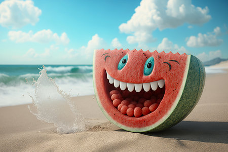 Cartoon smiling, crazy watermelons on the beach, summer vacation, sunlight, fruit selection characters AI Generativeの素材