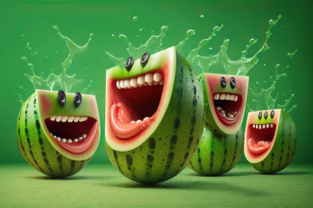 Cartoon smiling, crazy watermelons with splash liquid juice on green background, fruit selection characters AI Generativeの素材