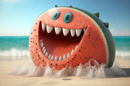 Cartoon smiling, crazy watermelons on the beach, summer vacation, sunlight, fruit selection characters AI Generativeの素材