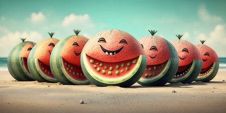 Cartoon smiling, crazy watermelons on the beach, summer vacation, sunlight, fruit selection characters AI Generativeの素材