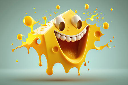 Cheese cartoon character smiling, crazy with splash on blue background, food selection characters AI Generativeの素材