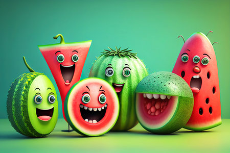 Cartoon smiling, crazy watermelons with splash liquid juice on green background, fruit selection characters AI Generativeの素材