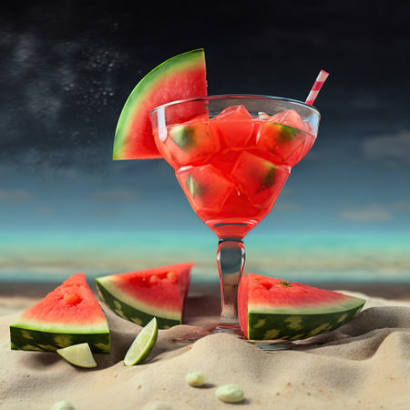 Cocktail with watermelon pieces on the beach sunlight, Refreshing summer drink, vacation concept, AI Generativeの素材