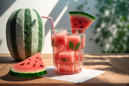 Cocktail with watermelon pieces on a white table in sunlight, Refreshing summer drink, AI Generativeの素材