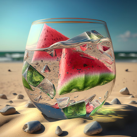 Cocktail with watermelon pieces on the beach sunlight, Refreshing summer drink, vacation concept, AI Generativeの素材