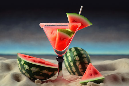 Cocktail with watermelon pieces on the beach sunlight, Refreshing summer drink, vacation concept, AI Generativeの素材