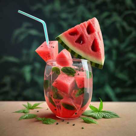 Cocktail with watermelon pieces on a white table in sunlight, Refreshing summer drink, AI Generativeの素材