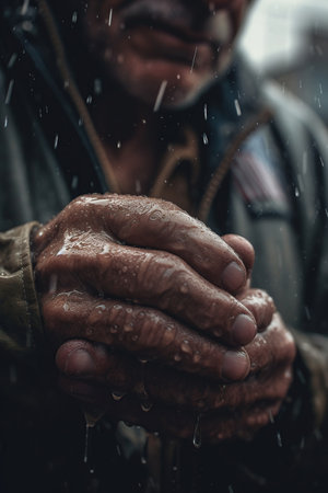 Closeup old man wet hands, aging process, senior Man outdoor, rain weather,, AI Generative.の素材