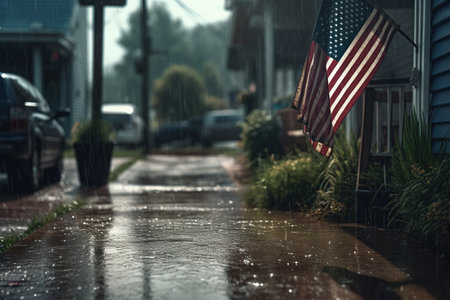 American national flag on the street with rain, Memorial Day, Independence day Celebrating, AI Generative.の素材